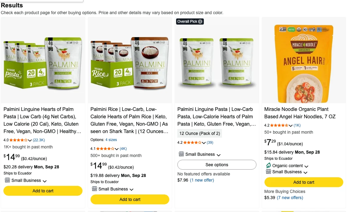 Marketplace search results for hearts-of-palm pasta: the category is led by Palmini listings with tens of thousands of reviews, alongside Miracle Noodle, BRAMI and other low-carb pasta brands.