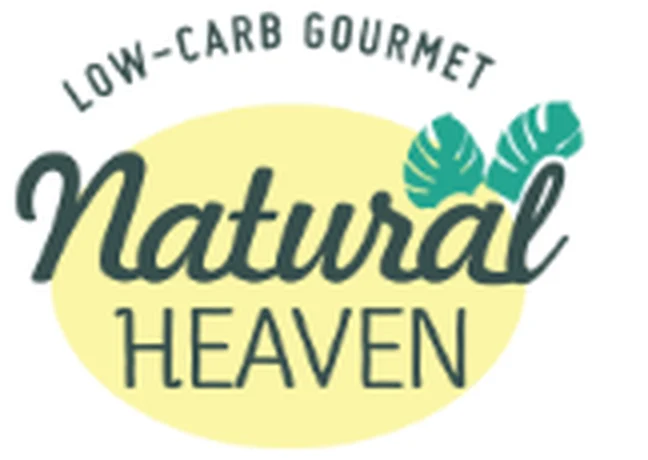 Earlier Natural Heaven mark: the words LOW-CARB GOURMET arched above a script 'Natural' and a sans-serif 'HEAVEN', set on a pale yellow oval with two turquoise monstera leaves.