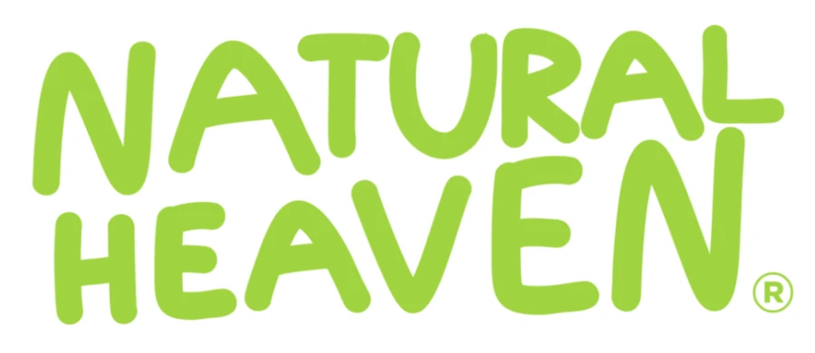 Current Natural Heaven mark: NATURAL HEAVEN set in bold rounded hand-drawn capitals, bright green, with a registered trademark symbol.