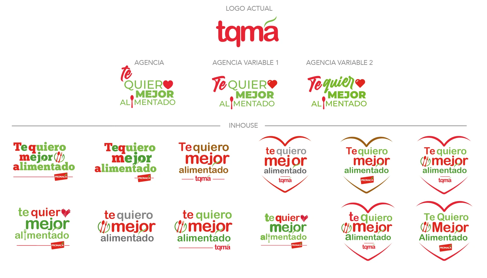 Brand identity exploration board for TQMA: the existing logotype, three agency proposals and twelve in-house routes exploring the phrase 'te quiero mejor alimentado' with heart, cutlery and endorsement-lockup treatments.